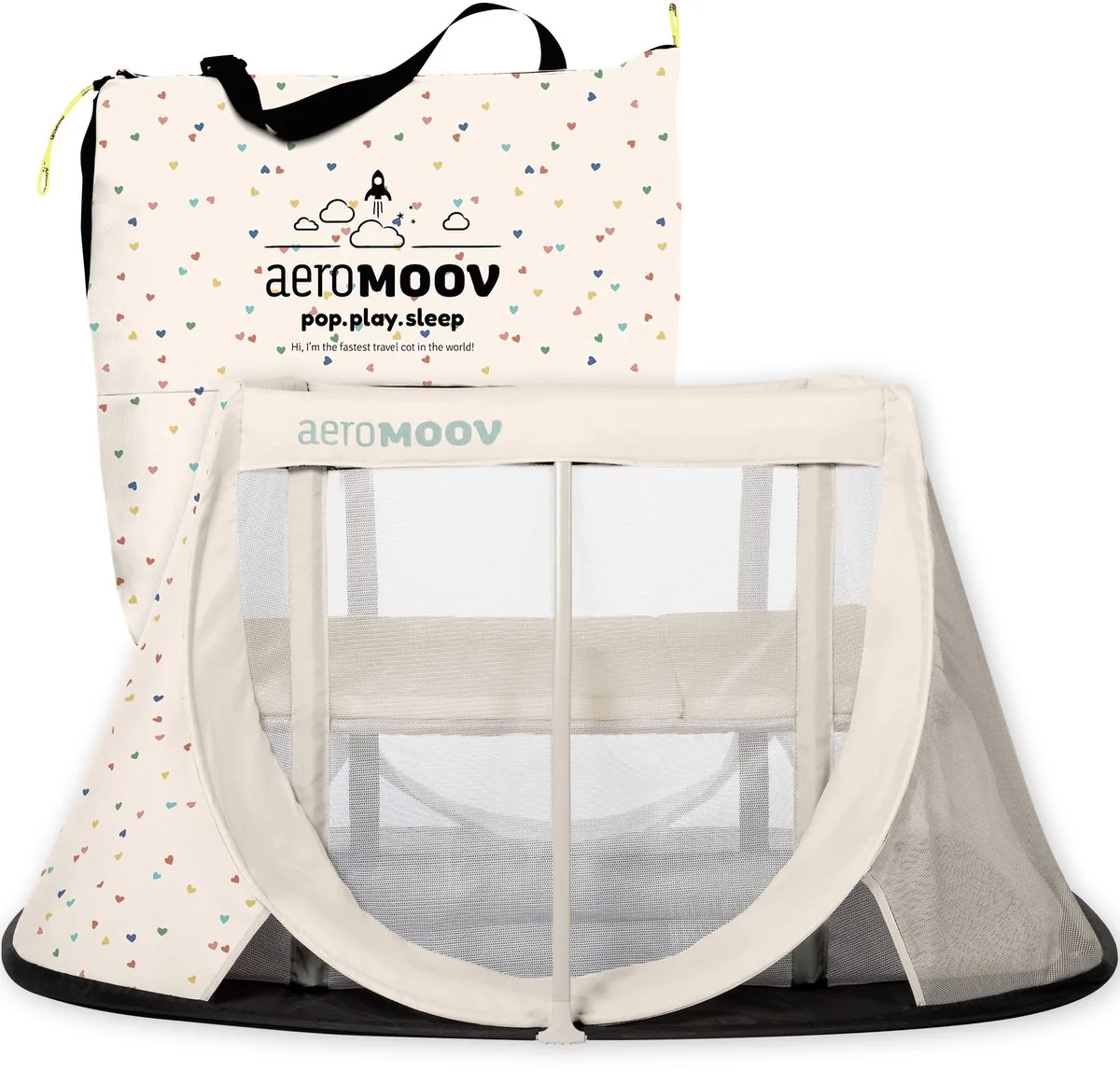 Campingbedje / Reisbedje met matras - voor baby én peuter - met bodemverhoger - Opgezet in 2s by Aeromoov in Confetti Hearts – product photo