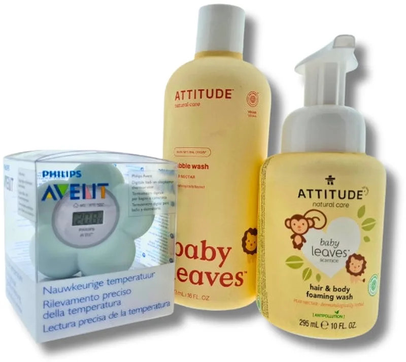 Cadeauset Douche & Bad met Avent Bad thermometer – Luxe Badset | Verwen Cadeauset | Wellness Geschenk voor Iedereen från Attitude i Gul – produktbild