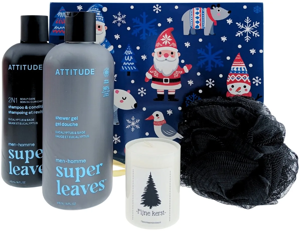 Men Kerst Cadeauset – 4-delig – 2-in-1 Shampoo/Conditioner + Shower Gel + Kerstkaars + Puff – Cadeau voor hem de Attitude – photo produit