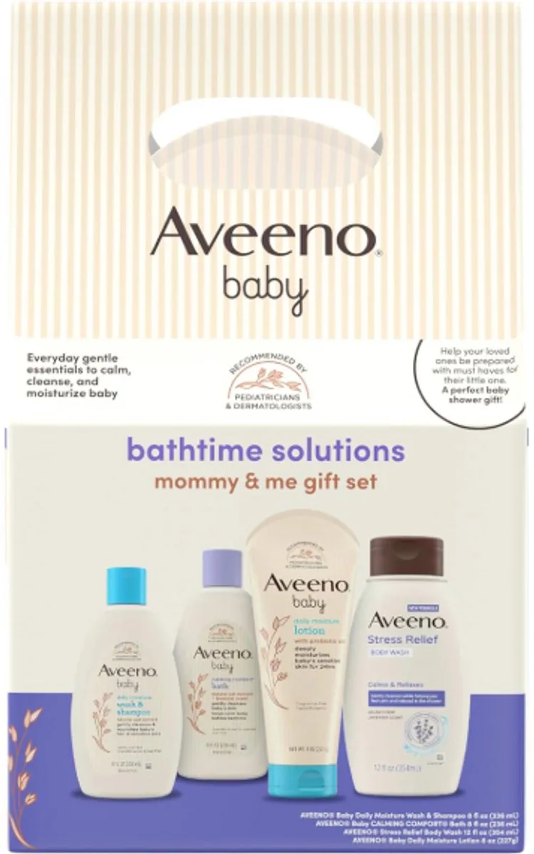 Baby Bathtime Gift Set Mommy & Me – 4-delige Babyverzorging & Stress Relief voor Mama – Baby Wash, Shampoo, Dagelijkse Lotion & Calmerend Bad, Colloïdale Havermout de Aveeno – photo produit