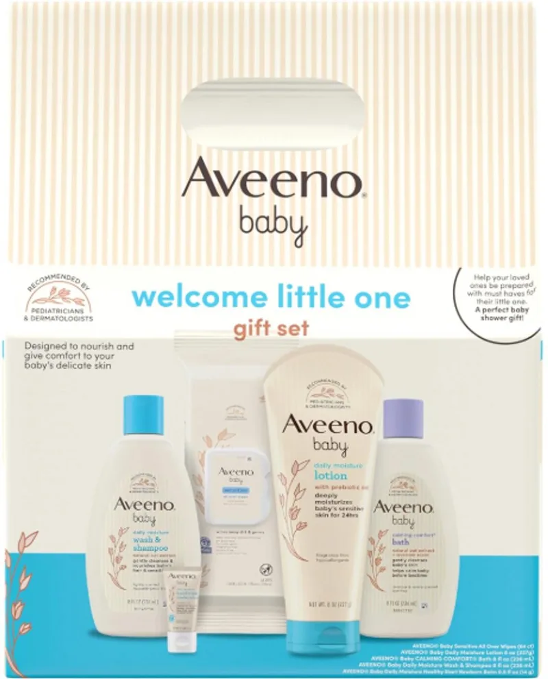 Baby Welcome Little One Cadeauset - 5-delige Complete Verzorging voor Pasgeboren Baby | Body Wash & Shampoo, Kalmerende Badwash, Vochtige Doekjes, Dagcrème & Balsem by Aveeno – product photo
