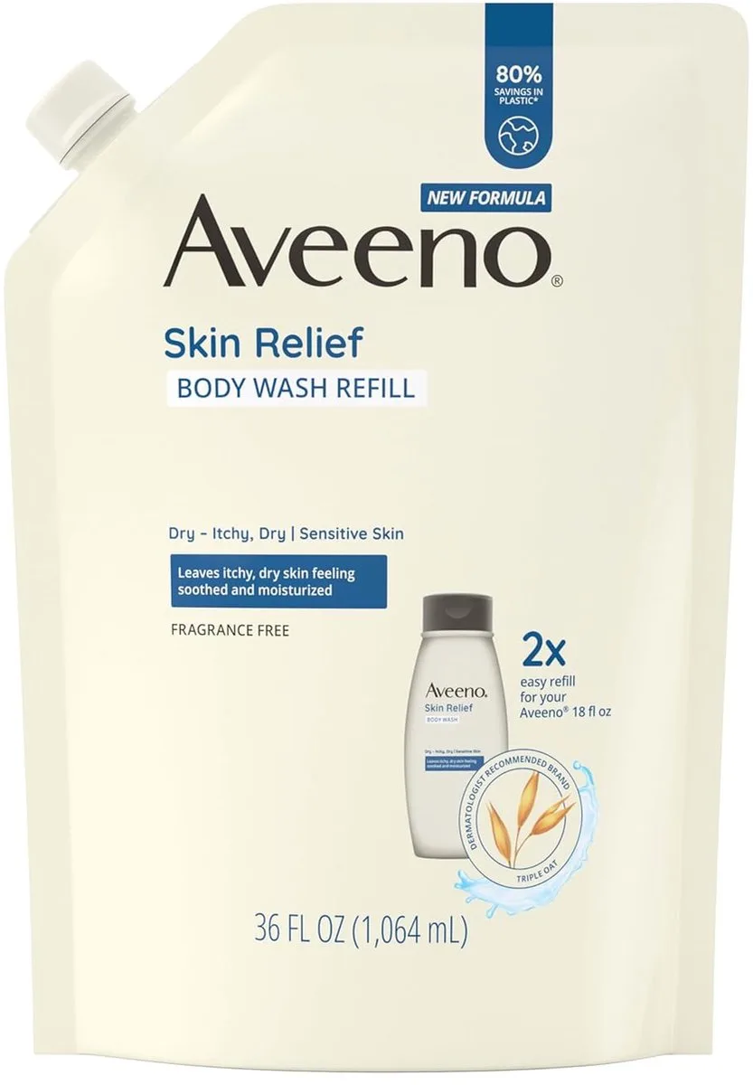 Skin Relief Body Wash – Fragrance Free – Zachte Dagelijkse Reiniging voor Gevoelige, Droge & Jeukende Huid – Body Wash Navulling van Aveeno – productfoto