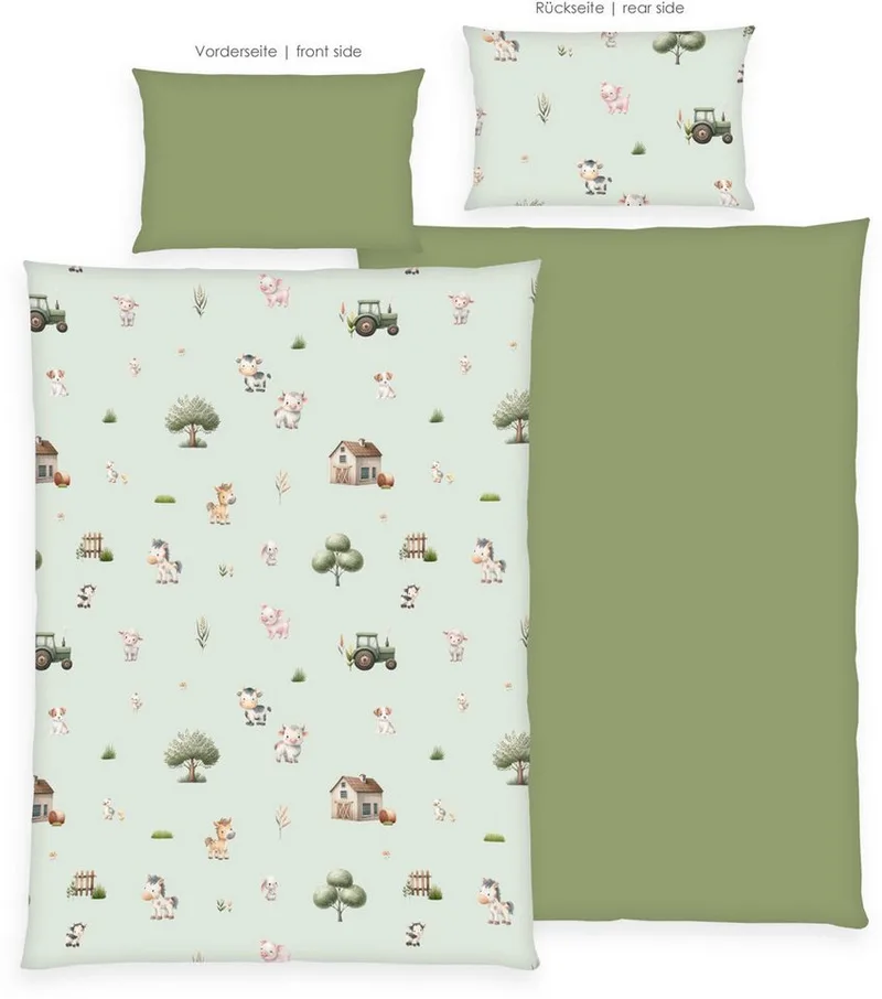 Babybettwäsche Bauernhof, Flanell, 2 teilig, Wendebettwäsche från Baby Best i Grön – produktbild