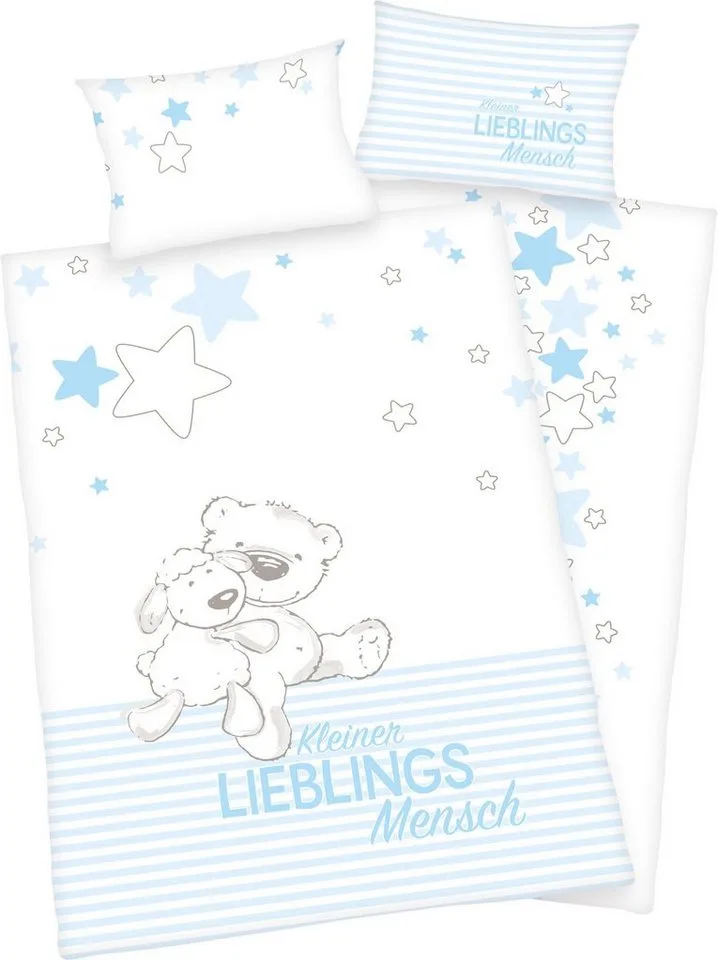 Babybettwäsche Kleiner Lieblingsmensch, Flanell, mit niedlichem Teddy-Motiv und Schriftzug från Baby Best i Blå – produktbild