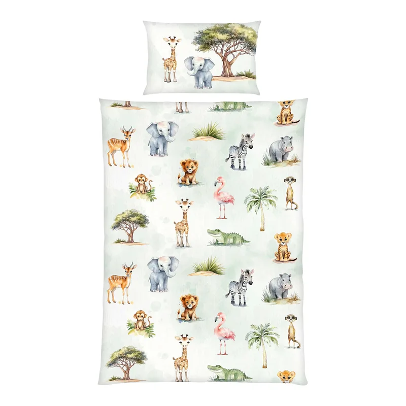Renforcé Wende-Bettwäsche Safari 40x60 / 100x135 cm från Baby Best i Grön – produktbild 1 av 3
