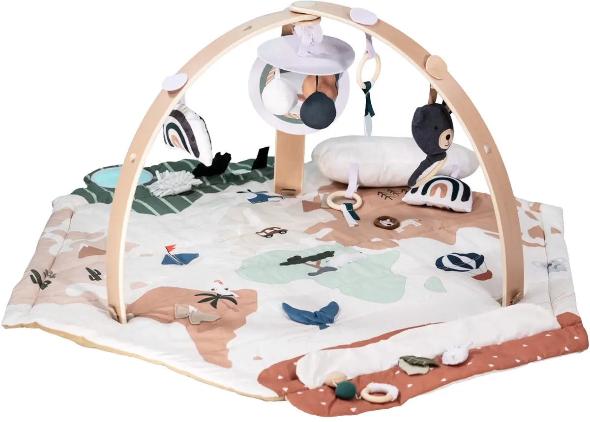 Houten Activity Gym Speelkleed - Met 20 speeltjes & buiktrainer - vanaf 0 maanden de babyGO en Multicolore – photo produit