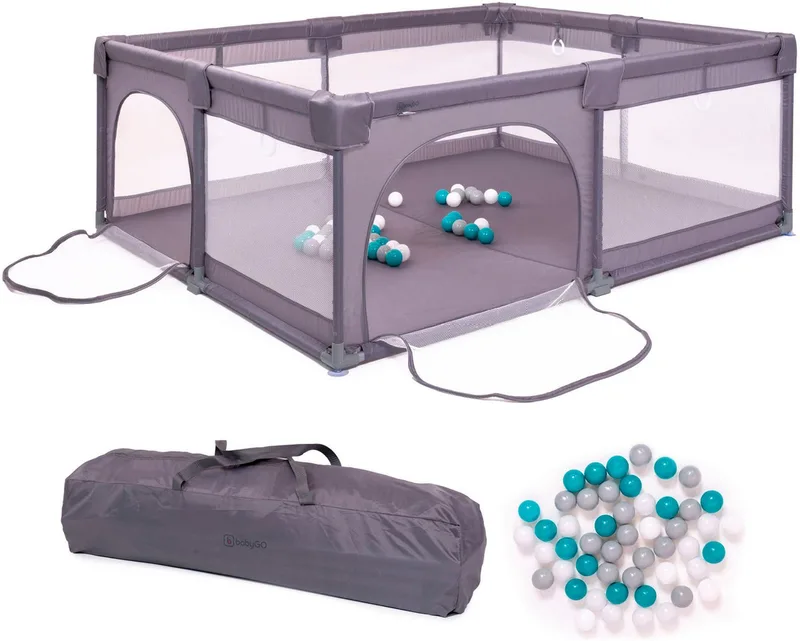 Laufgitter Playpark, inklusive 48 Spielbälle fra babyGO i Grå – produktbillede