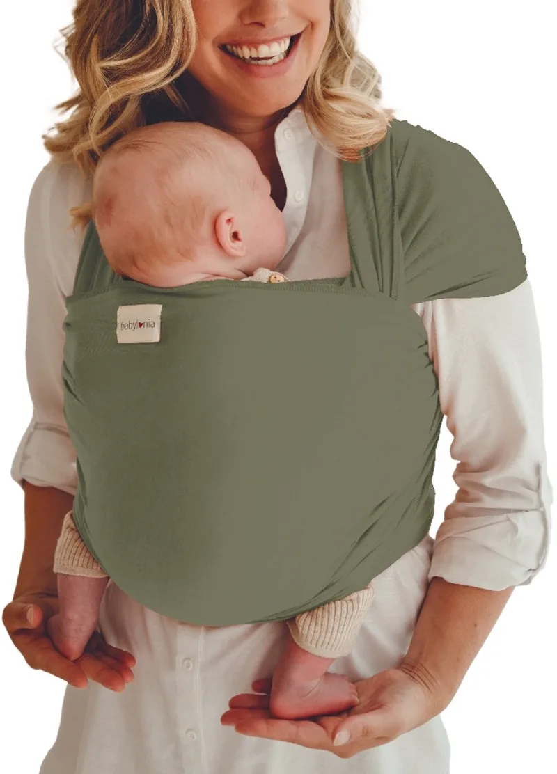 Tricot-Slen Bamboo Ergonomische Draagdoek - Rekbare Baby Draagdoek voor Newborn t/m 15 kg - 100% Bamboo - Zijdezacht - Hypoallergeen - Antibacterieel - natuurlijke UV-filter - Buikdragen - Khaki Green van Babylonia in Groen – productfoto