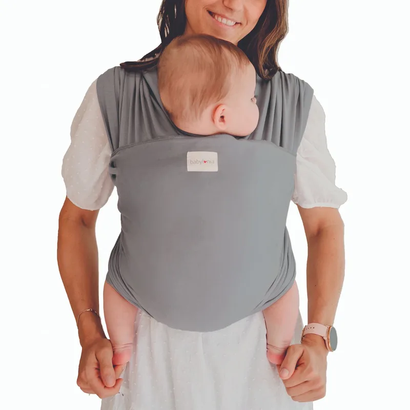 Tricot-Slen Organic Ergonomische Draagdoek - Rekbare Baby Draagdoek voor Newborn t/m 15 kg - 100% Biologisch Katoen - Buikdragen - Mild van Babylonia in Grijs – productfoto