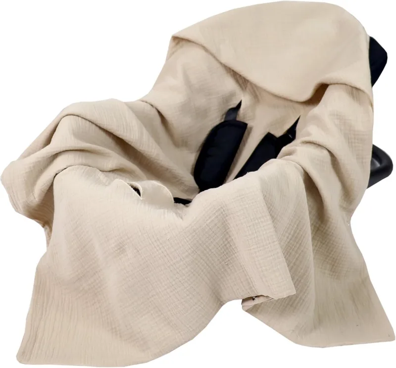 Babyschale Einschlagdecke mit Kapuze 90x90 cm Musselin Baumwolle für Autositz, Beige_90x90 by Babylux in Beige – product photo