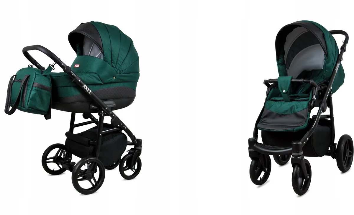 Kinderwagen 2in1 - AXEL - BOTTLE GREEN BLACK FRAME - Opklapbare Wandelwagen incl. Reiswieg, Multifunctionele Buggy Sportstoel - Combi-kinderwagen met Luiertas, Regenhoes, Klamboe, Bekerhouder, etc. de Babylux en 2in1 BOTTLE GREEN BLACK FRAME – photo produit