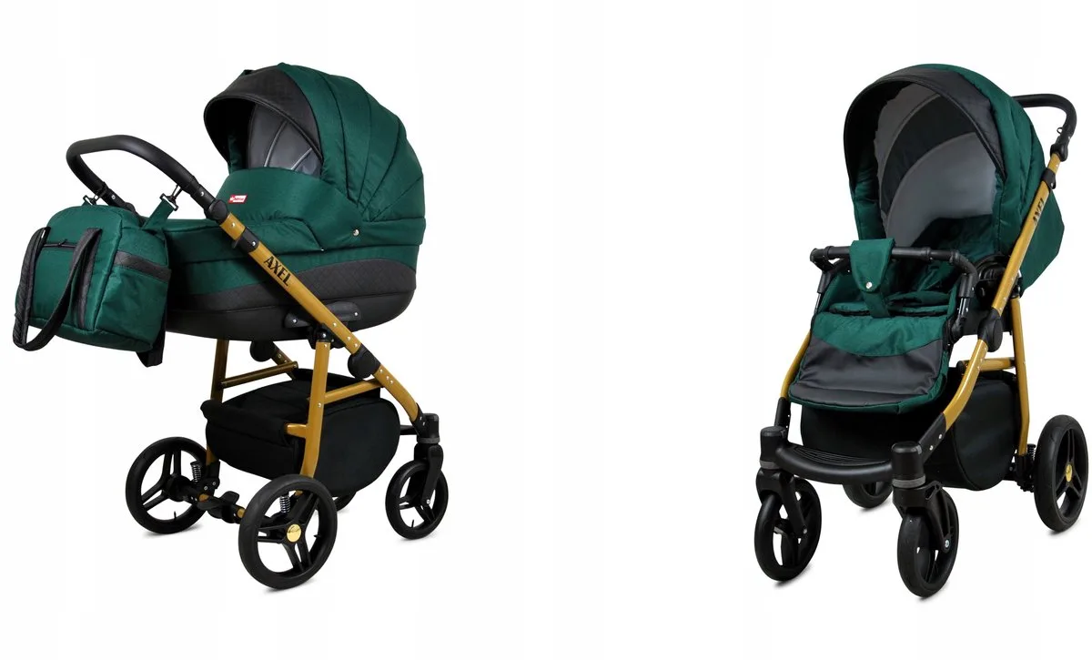 Kinderwagen 2in1 - AXEL - BOTTLE GREEN GOLD FRAME - Opklapbare Wandelwagen incl. Reiswieg, Multifunctionele Buggy Sportstoel - Combi-kinderwagen met Luiertas, Regenhoes, Klamboe, Bekerhouder, etc. von Babylux in 2in1 BOTTLE GREEN GOLD FRAME – Produktfoto