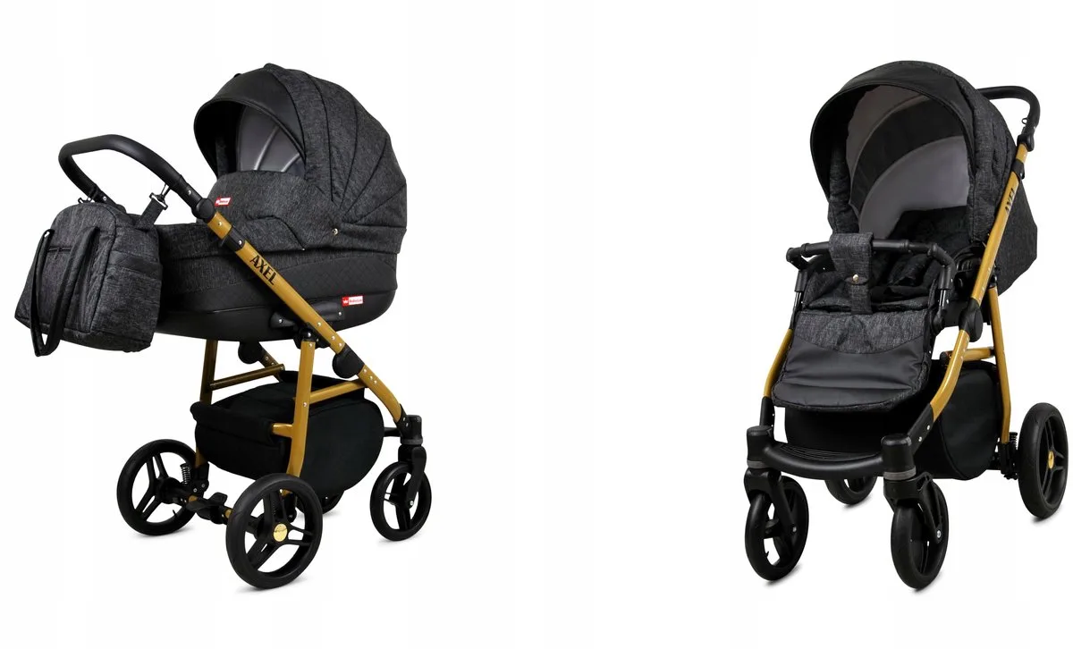 Kinderwagen 2in1 - AXEL - CARBON GOLD FRAME - Opklapbare Wandelwagen incl. Reiswieg, Multifunctionele Buggy Sportstoel - Combi-kinderwagen met Luiertas, Regenhoes, Klamboe, Bekerhouder, etc. by Babylux in 2in1 CARBON GOLD FRAME – product photo