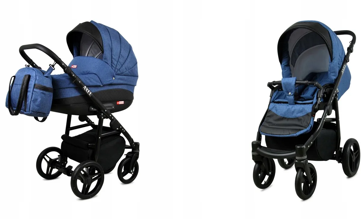 Kinderwagen 2in1 - AXEL - JEANS BLACK FRAME - Opklapbare Wandelwagen incl. Reiswieg, Multifunctionele Buggy Sportstoel - Combi-kinderwagen met Luiertas, Regenhoes, Klamboe, Bekerhouder, etc. de Babylux en 2in1 JEANS BLACK FRAME – photo produit
