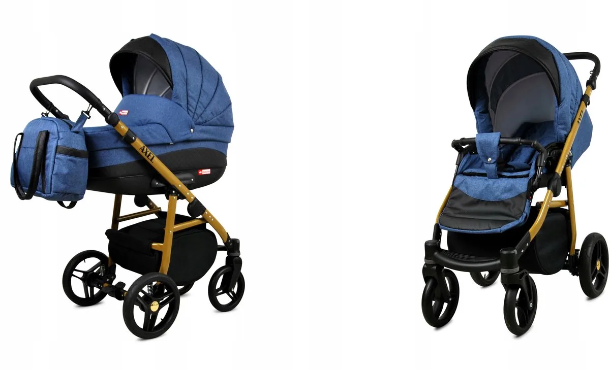 Kinderwagen 2in1 - AXEL - JEANS GOLD FRAME - Opklapbare Wandelwagen incl. Reiswieg, Multifunctionele Buggy Sportstoel - Combi-kinderwagen met Luiertas, Regenhoes, Klamboe, Bekerhouder, etc. von Babylux in 2in1 JEANS GOLD FRAME – Produktfoto