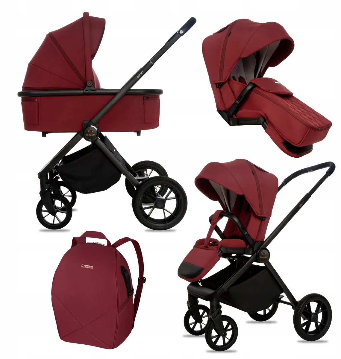 Kinderwagen 2in1 BOLDO, Opvouwbare Lichtgewicht Kinderwagenset Incl. Reiswieg, Buggy Sportzitje, Luiertas En Meer Accessoires, 4 Verstelbare Standen, 0-22kg (0-4 Jaar), Uv-Bescherming 50+ van Babylux in 2in1 – Burgundy – productfoto