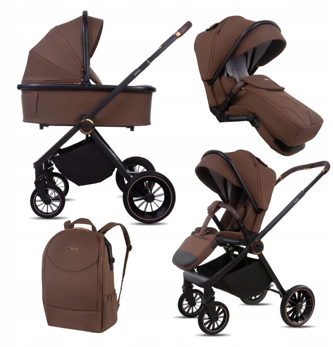 Kinderwagen 2in1 CASTOR, Opvouwbare Lichtgewicht Kinderwagenset Incl. Reiswieg, Buggy Sportzitje, Luiertas En Meer Accessoires, 4 Verstelbare Standen, 0-22kg (0-4 Jaar), Uv-Bescherming 50+ von Babylux in 2in1 – BROWNIE – Produktfoto
