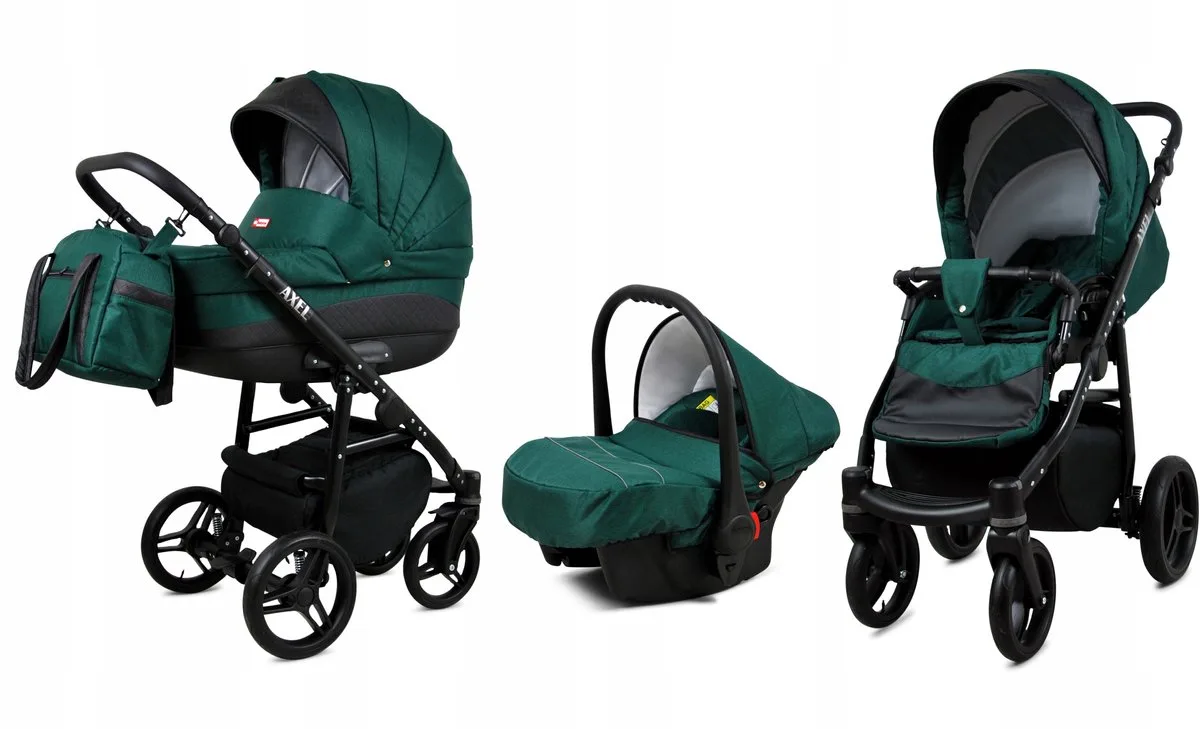 Kinderwagen 3in1 - AXEL - BOTTLE GREEN BLACK FRAME - Opklapbare Wandelwagen incl. Reiswieg, Multifunctionele Buggy Sportstoel, Autostoel - Combi-kinderwagen met Luiertas, Regenhoes, Klamboe, Bekerhouder, etc. van Babylux in 3in1 BOTTLE GREEN BLACK FRAME – productfoto