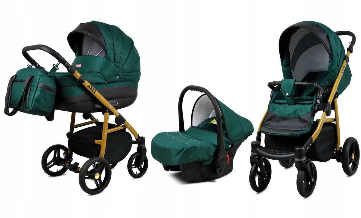 Kinderwagen 3in1 - AXEL - BOTTLE GREEN GOLD FRAME - Opklapbare Wandelwagen incl. Reiswieg, Multifunctionele Buggy Sportstoel, Autostoel - Combi-kinderwagen met Luiertas, Regenhoes, Klamboe, Bekerhouder, etc. de Babylux en 3in1 BOTTLE GREEN GOLD FRAME – photo produit