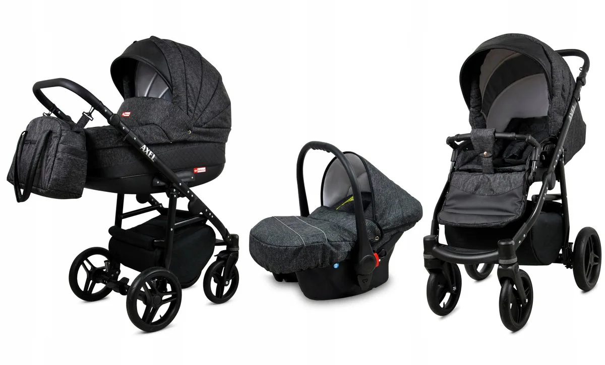 Kinderwagen 3in1 - AXEL - CARBON BLACK FRAME - Opklapbare Wandelwagen incl. Reiswieg, Multifunctionele Buggy Sportstoel, Autostoel - Combi-kinderwagen met Luiertas, Regenhoes, Klamboe, Bekerhouder, etc. de Babylux en 3in1 CARBON BLACK FRAME – photo produit