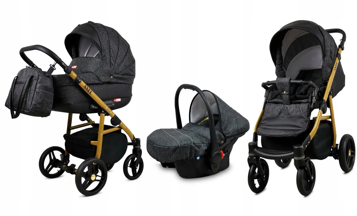 Kinderwagen 3in1 - AXEL - CARBON GOLD FRAME - Opklapbare Wandelwagen incl. Reiswieg, Multifunctionele Buggy Sportstoel, Autostoel - Combi-kinderwagen met Luiertas, Regenhoes, Klamboe, Bekerhouder, etc. by Babylux in 3in1 CARBON GOLD FRAME – product photo