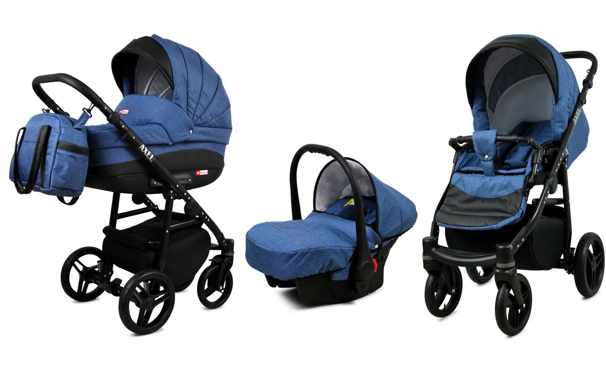 Kinderwagen 3in1 - AXEL - JEANS BLACK FRAME - Opklapbare Wandelwagen incl. Reiswieg, Multifunctionele Buggy Sportstoel, Autostoel - Combi-kinderwagen met Luiertas, Regenhoes, Klamboe, Bekerhouder, etc. de Babylux en 3in1 JEANS BLACK FRAME – photo produit