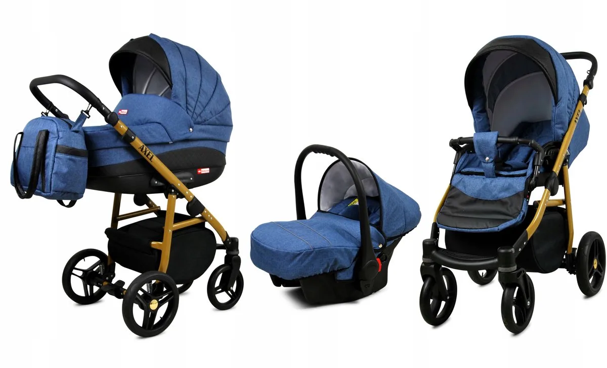 Kinderwagen 3in1 - AXEL - JEANS GOLD FRAME - Opklapbare Wandelwagen incl. Reiswieg, Multifunctionele Buggy Sportstoel, Autostoel - Combi-kinderwagen met Luiertas, Regenhoes, Klamboe, Bekerhouder, etc. von Babylux in 3in1 JEANS GOLD FRAME – Produktfoto