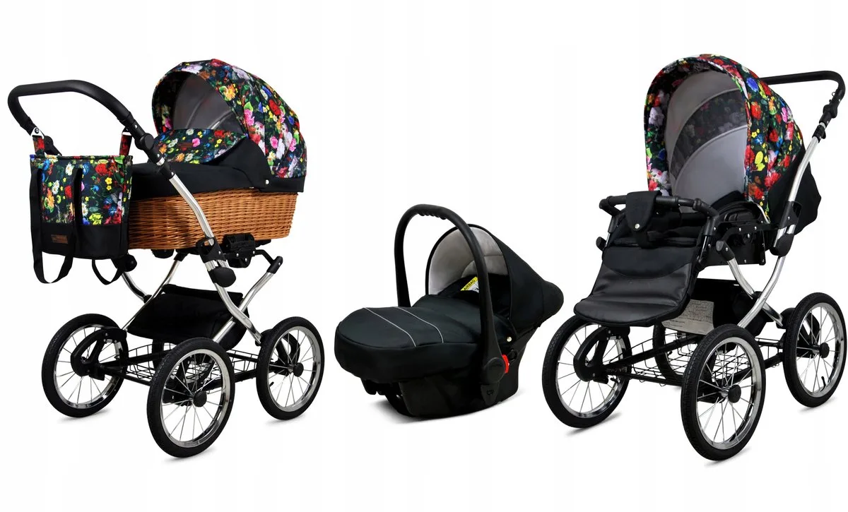 Kinderwagen 3in1 - CLASSIC EXCLUSIVE - GARDEN FLOWERS SILVER FRAME - Opklapbare Wandelwagen incl. Reiswieg, Multifunctionele Buggy Sportstoel, Autostoel - Combi-kinderwagen met Luiertas, Regenhoes, Klamboe, Bekerhouder, etc. von Babylux in 3in1 GARDEN FLOWERS SILVER FRAME – Produktfoto