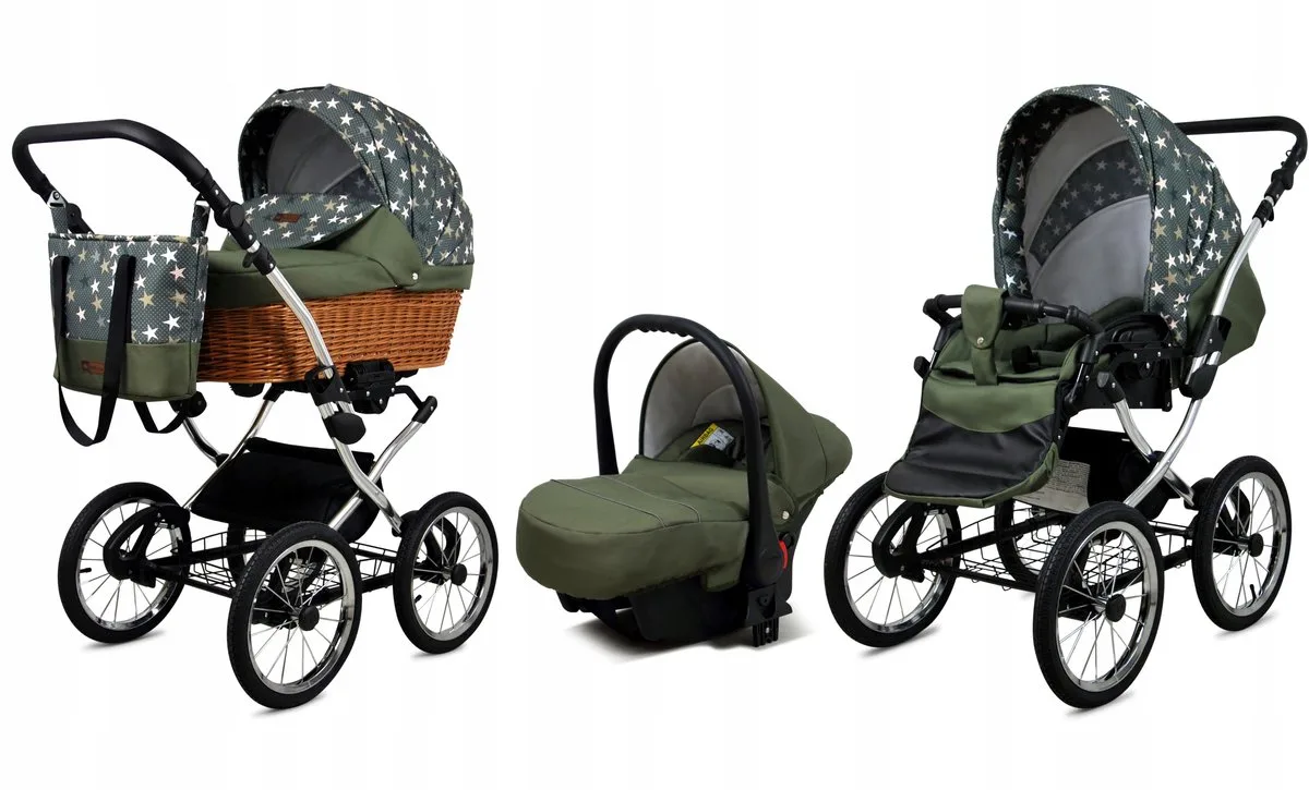 Kinderwagen 3in1 - CLASSIC EXCLUSIVE - OLIVE STAR SILVER FRAME - Opklapbare Wandelwagen incl. Reiswieg, Multifunctionele Buggy Sportstoel, Autostoel - Combi-kinderwagen met Luiertas, Regenhoes, Klamboe, Bekerhouder, etc. von Babylux in 3in1 OLIVE STAR SILVER FRAME – Produktfoto