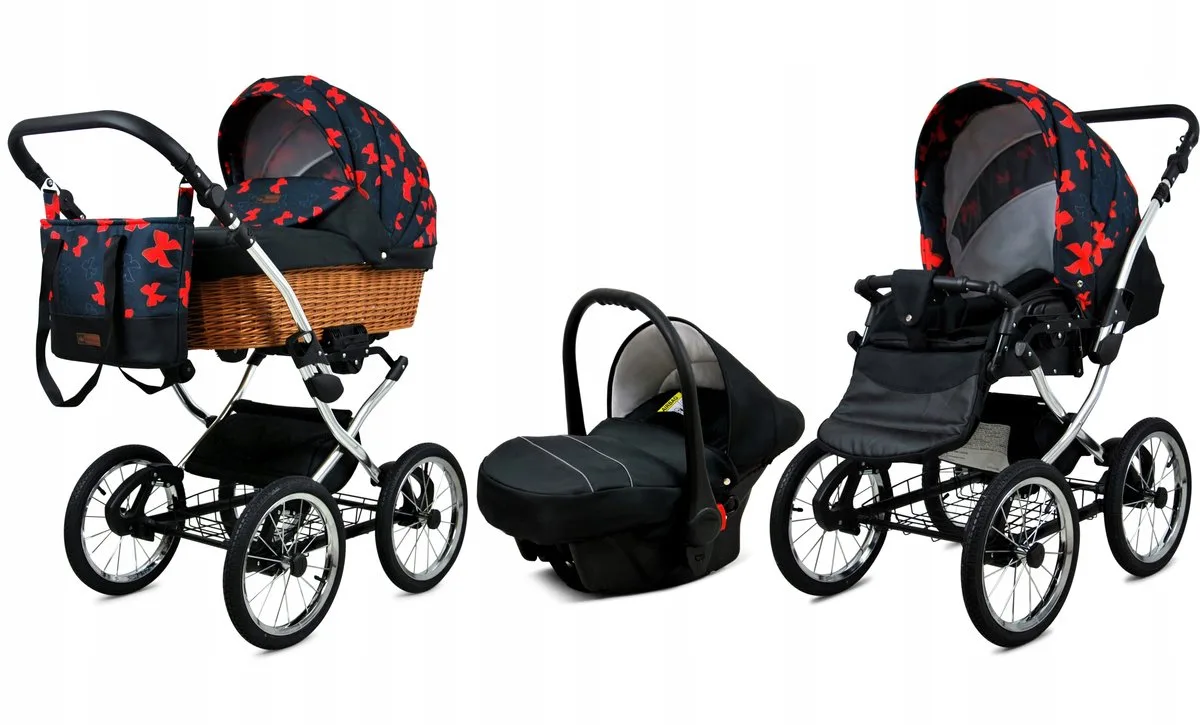 Kinderwagen 3in1 - CLASSIC EXCLUSIVE - RED BOW SILVER FRAME - Opklapbare Wandelwagen incl. Reiswieg, Multifunctionele Buggy Sportstoel, Autostoel - Combi-kinderwagen met Luiertas, Regenhoes, Klamboe, Bekerhouder, etc. van Babylux in 3in1 RED BOW SILVER FRAME – productfoto