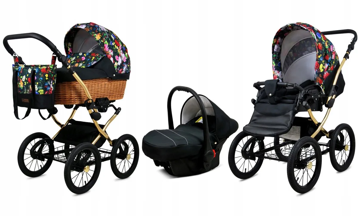 Kinderwagen 3in1 - CLASSIC GOLD - GARDEN FLOWERS SILVER FRAME - Opklapbare Wandelwagen incl. Reiswieg, Multifunctionele Buggy Sportstoel, Autostoel - Combi-kinderwagen met Luiertas, Regenhoes, Klamboe, Bekerhouder, etc. von Babylux in 3in1 GARDEN FLOWERS GOLD FRAME – Produktfoto