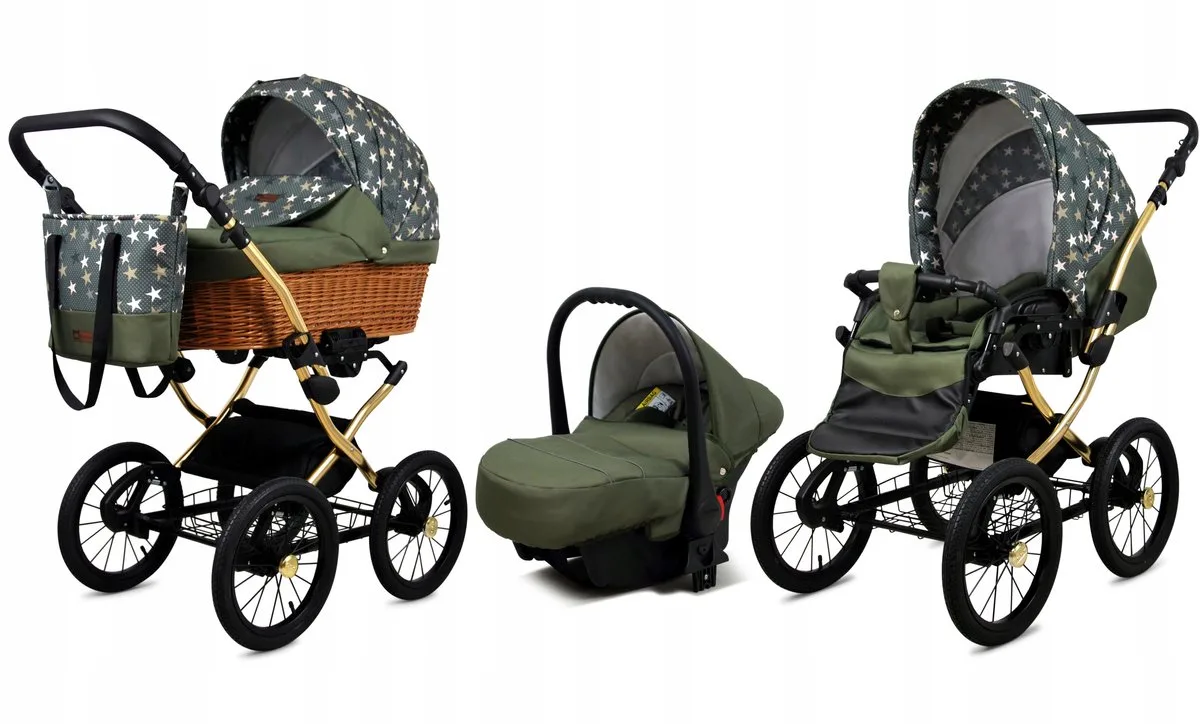 Kinderwagen 3in1 - CLASSIC GOLD - OLIVE STAR SILVER FRAME - Opklapbare Wandelwagen incl. Reiswieg, Multifunctionele Buggy Sportstoel, Autostoel - Combi-kinderwagen met Luiertas, Regenhoes, Klamboe, Bekerhouder, etc. by Babylux in 3in1 OLIVE STAR GOLD FRAME – product photo