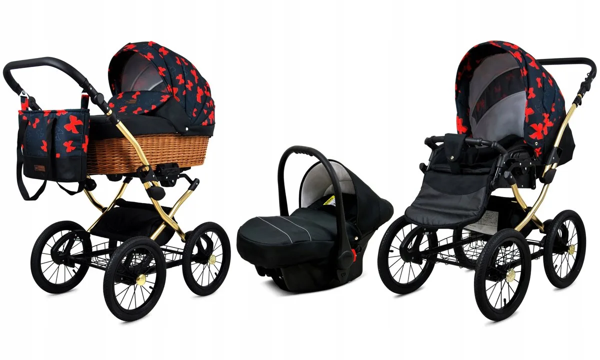 Kinderwagen 3in1 - CLASSIC GOLD - RED BOW SILVER FRAME - Opklapbare Wandelwagen incl. Reiswieg, Multifunctionele Buggy Sportstoel, Autostoel - Combi-kinderwagen met Luiertas, Regenhoes, Klamboe, Bekerhouder, etc. von Babylux in 3in1 RED BOW GOLD FRAME – Produktfoto