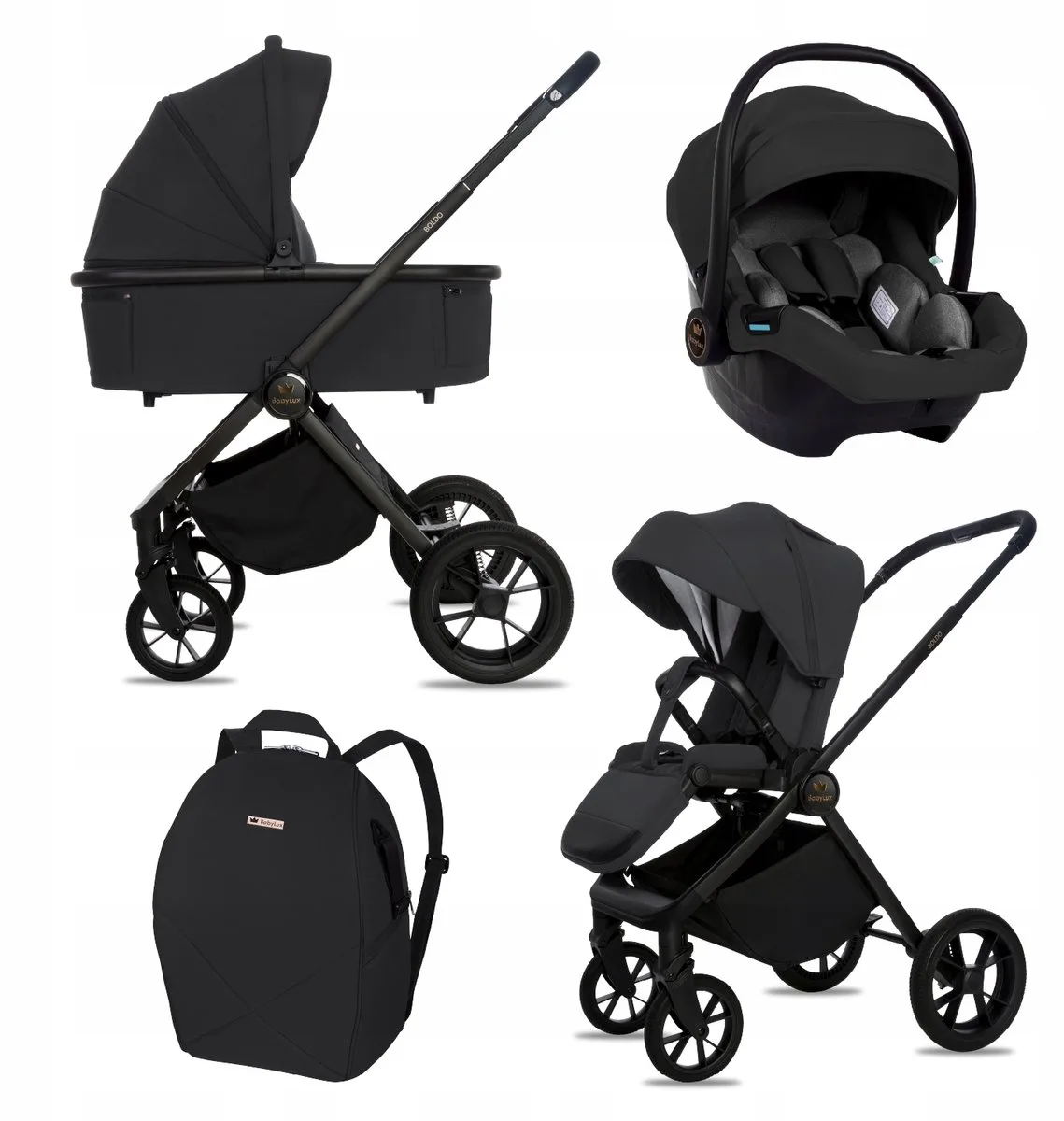 Kinderwagen 3in1 Set BOLDO, Opvouwbare Lichtgewicht Kinderwagenset Incl. Reiswieg, Buggy, I-Size Baby-Autostoeltje, Luiertas En Meer Accessoires, 4 Ligstanden, 0-22kg, Uv-Bescherming 50+ by Babylux in 3in1 – Onyx – product photo