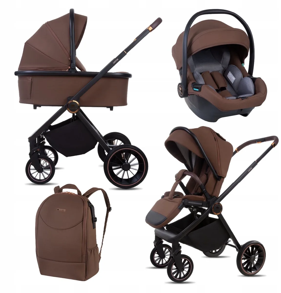 Kinderwagen 3in1 Set CASTOR, Opvouwbare Lichtgewicht Kinderwagenset Incl. Reiswieg, Buggy, I-Size Baby-Autostoeltje, Luiertas En Meer Accessoires, 4 Ligstanden, 0-22kg, Uv-Bescherming 50+ by Babylux in 3in1 – BROWNIE – product photo