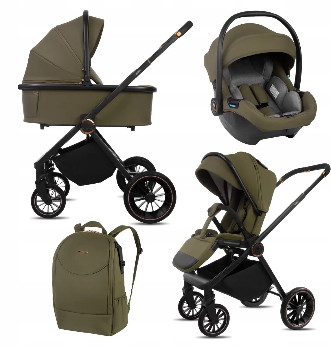 Kinderwagen 3in1 Set CASTOR, Opvouwbare Lichtgewicht Kinderwagenset Incl. Reiswieg, Buggy, I-Size Baby-Autostoeltje, Luiertas En Meer Accessoires, 4 Ligstanden, 0-22kg, Uv-Bescherming 50+ de Babylux en 3in1 – OLIVE – photo produit