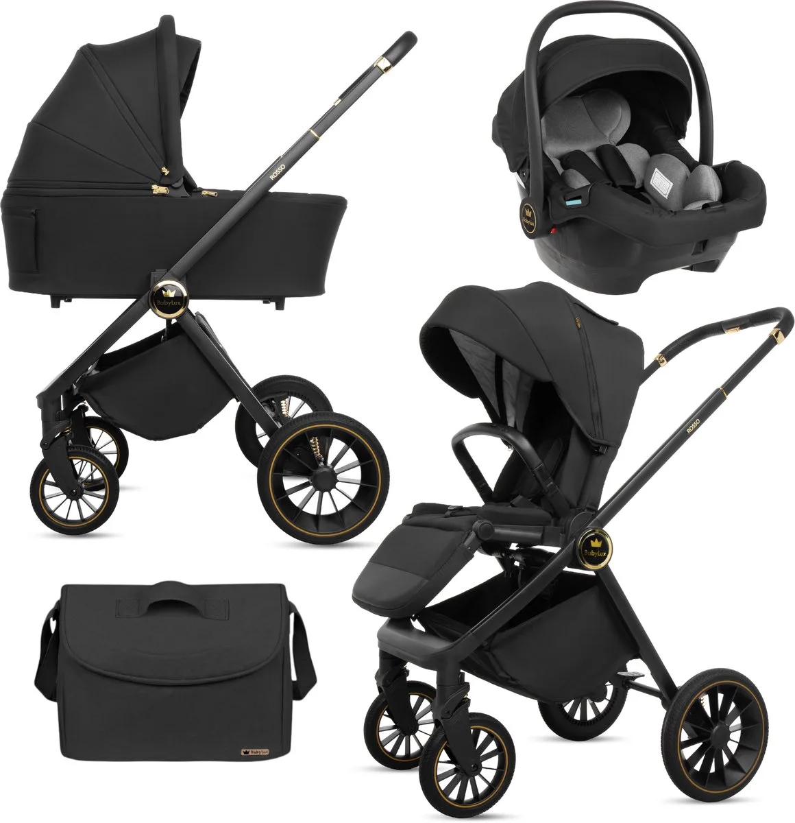 Kinderwagen 3in1 Set ROSSO, Opvouwbare Lichtgewicht Kinderwagenset Incl. Reiswieg, Buggy, I-Size Baby-Autostoeltje, Luiertas En Meer Accessoires, 4 Ligstanden, 0-22kg, Uv-Bescherming 50+ van Babylux in 3in1 Zwart – productfoto