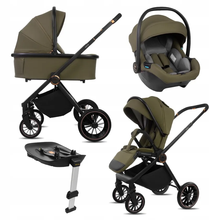 Kinderwagen 4in1 Set CASTOR, Opvouwbare Lichtgewicht Combi Kinderwagenset Incl. Reiswieg, Buggy, I-Size Kinderzitje, Autostoel, 4 Verstelbare Standen, 0-22kg, Uv-Bescherming 50+ by Babylux in 4in1 – OLIVE – product photo
