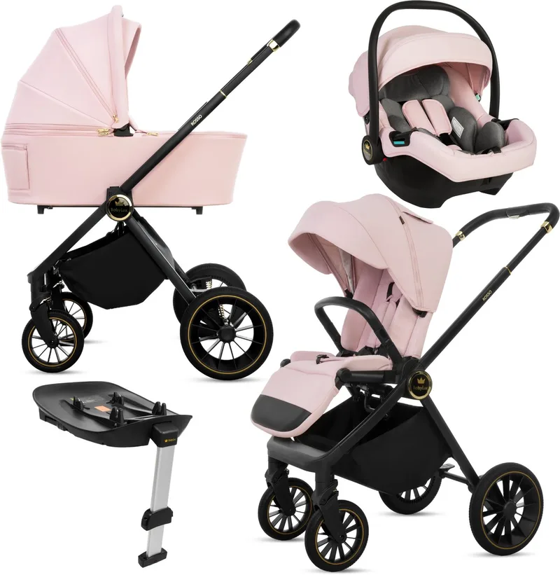 Kinderwagen 4in1 Set ROSSO, Opvouwbare Lichtgewicht Combi Kinderwagenset Incl. Reiswieg, Buggy, I-Size Kinderzitje, Autostoel, 4 Verstelbare Standen, 0-22kg, Uv-Bescherming 50+ by Babylux in 4in1 Roze – product photo