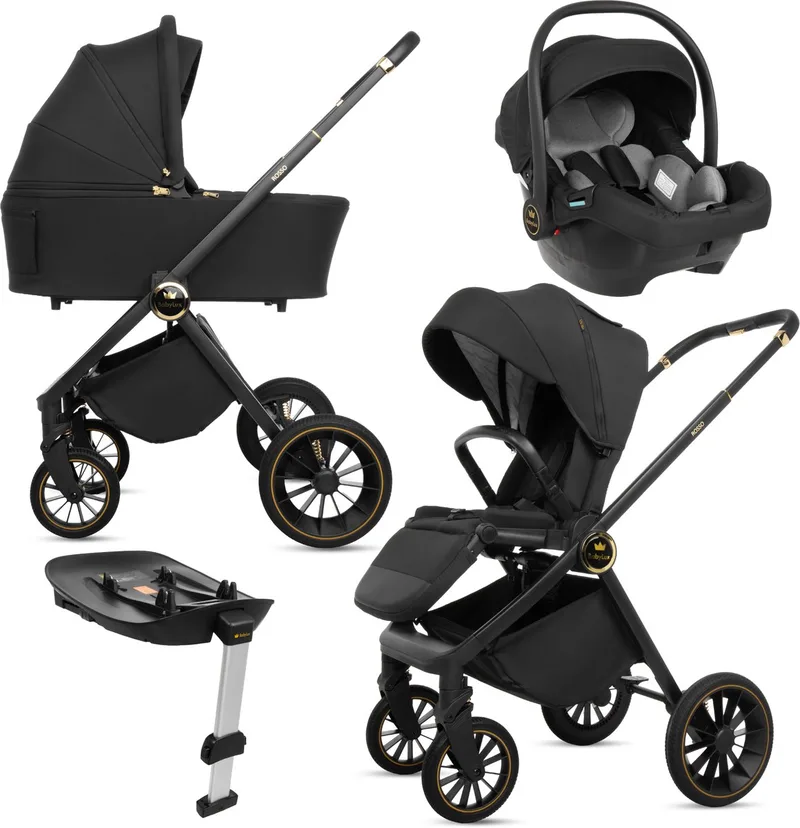 Kinderwagen 4in1 Set ROSSO, Opvouwbare Lichtgewicht Combi Kinderwagenset Incl. Reiswieg, Buggy, I-Size Kinderzitje, Autostoel, 4 Verstelbare Standen, 0-22kg, Uv-Bescherming 50+ de Babylux en 4in1 Zwart – photo produit