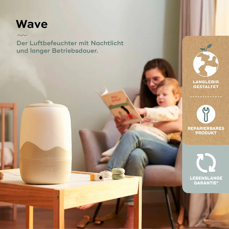 Babymoov 2in1 luchtbevochtiger met nachtlampje Wave van Babymoov in Beige, 19 × 19 × 33 mm – productfoto