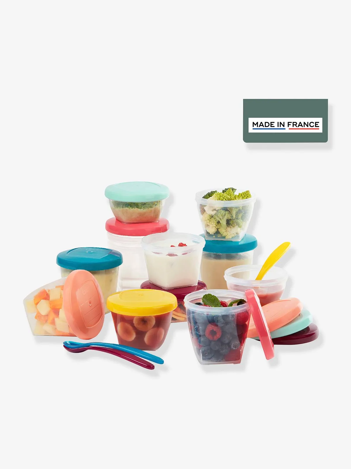 Set van 12 hermetisch afgesloten bakjes + 3 soepele lepels BABYMOOV Babydols Multi Set meerdere kleuren van Babymoov – productfoto