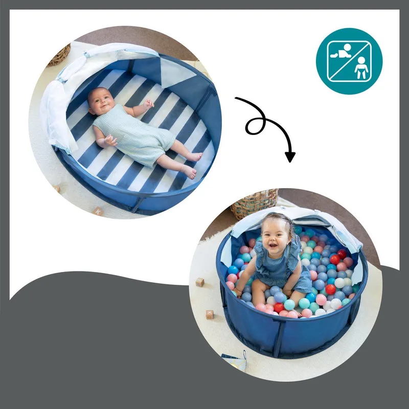 Strandmuschel & Reisebett Babyni 2in1 mit UV-Schutz 50+ van Babymoov in Wit, Blauw, 95 × 75 × 50 mm – productfoto 2 van 4