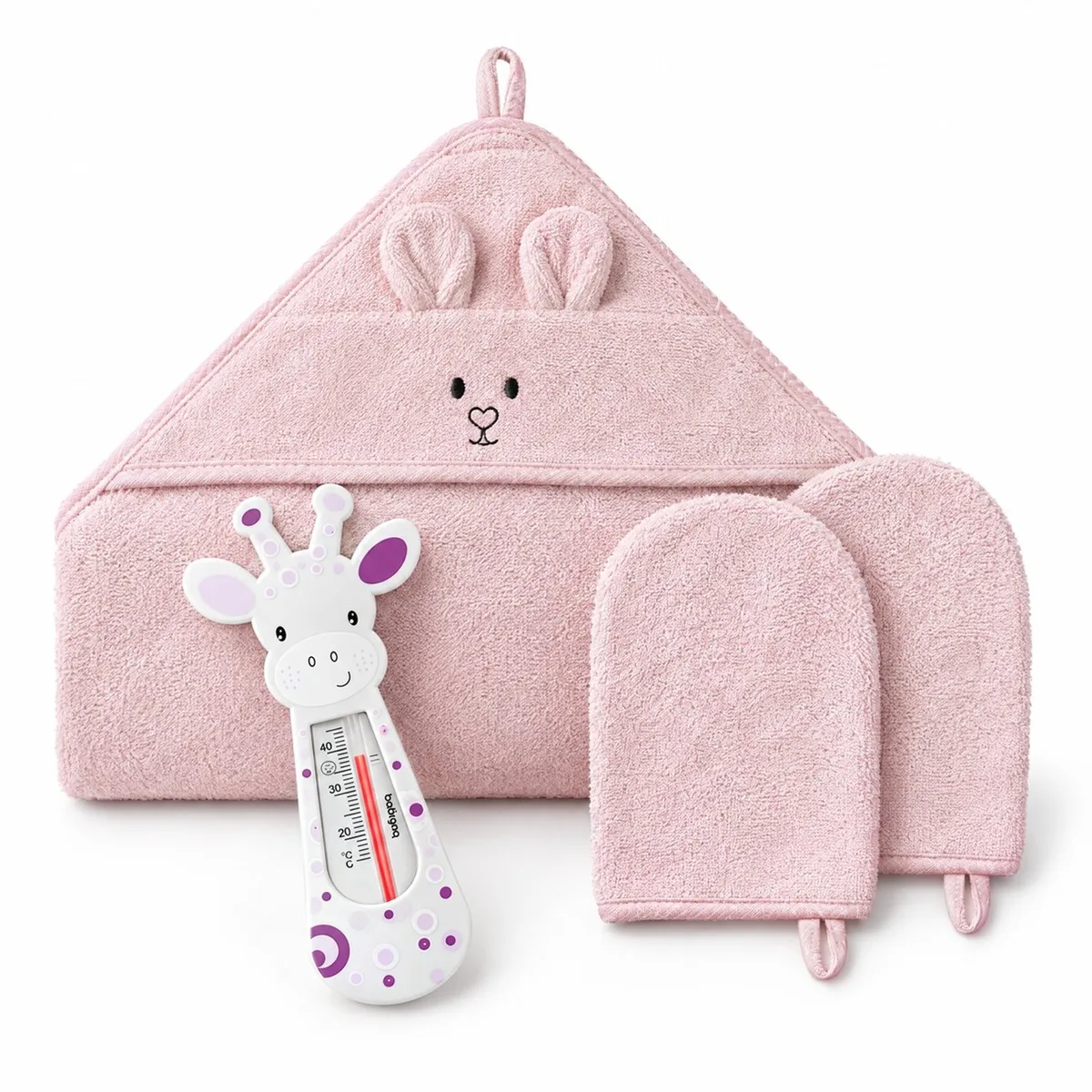 Baby Badset Compleet - Bamboe Badcape met Capuchon 100x100 cm, 2 Bamboe Washandjes en Drijvende Badthermometer - Kraamcadeau by BabyOno in Pink – product photo