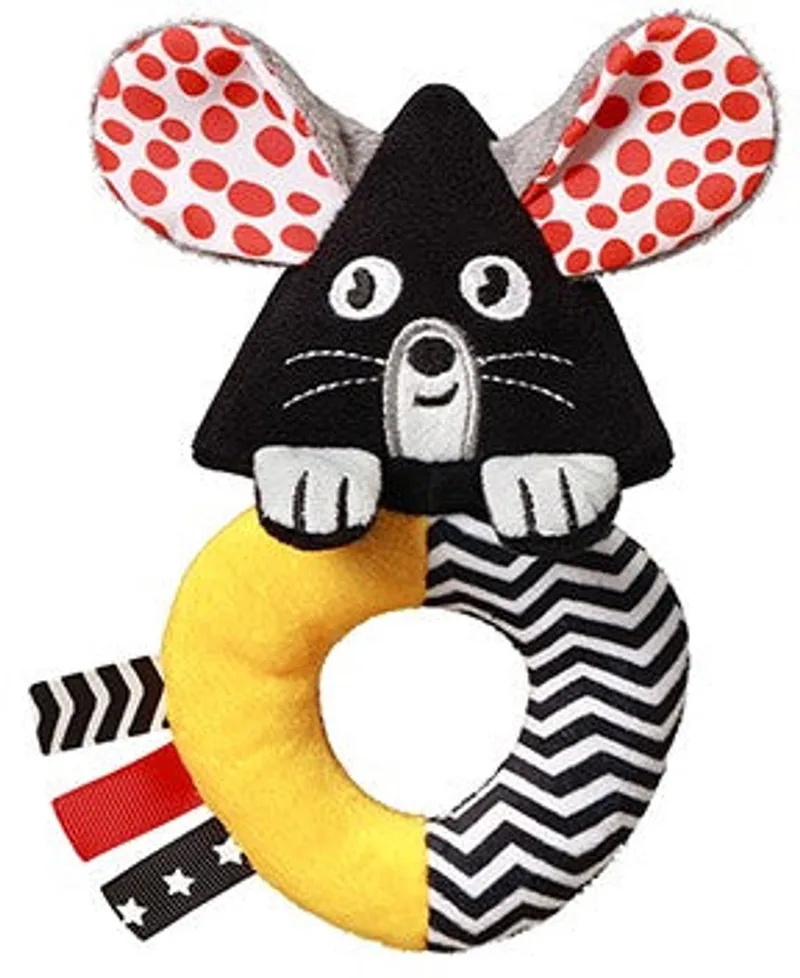 Rammelaar MOUSE - Zachte Contrastrammelaar met Krulstaartje - 16 x 9 cm - 0 m+ de BabyOno en Zwart-wit – photo produit