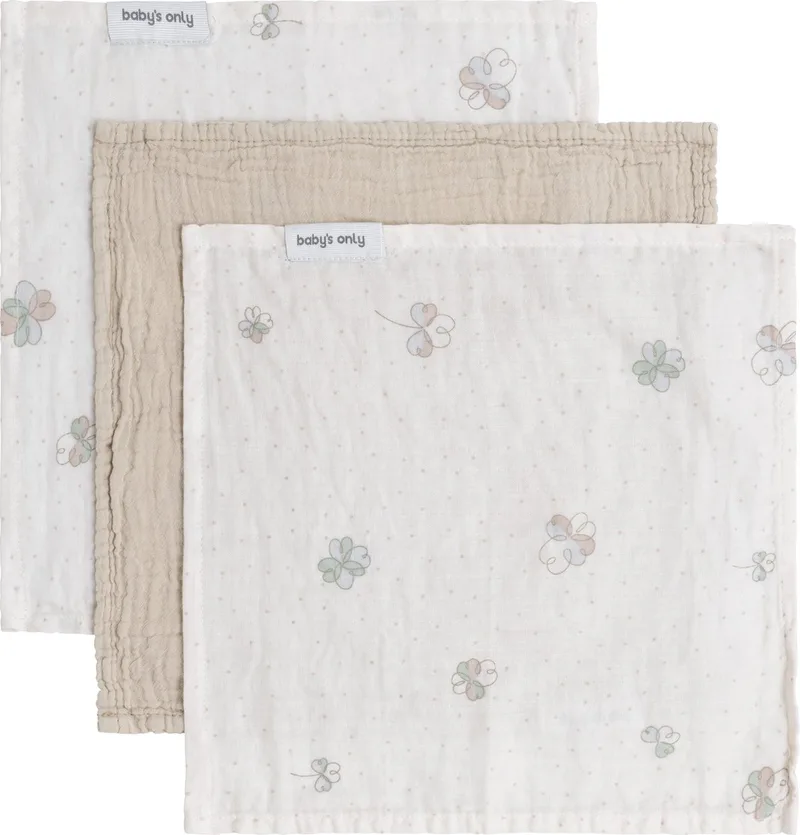 Monddoekje Tender - Hydrofiele monddoekjes baby - Spuugdoekjes - Washandjes set - Hydrofiele doek - Beige/Clover - 30x30 cm - 3-pack - 100% prewashed katoen de Baby's Only en Beige – photo produit