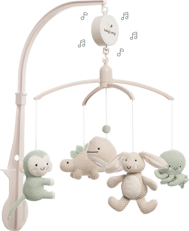 Muziekmobiel baby Animals - Boxmobiel - Laurel Green/Warm Linen - Gebreide figuurtjes - Muziek speelgoed - Melodie 'It's a small world' de Baby's Only en Laurel Green – photo produit