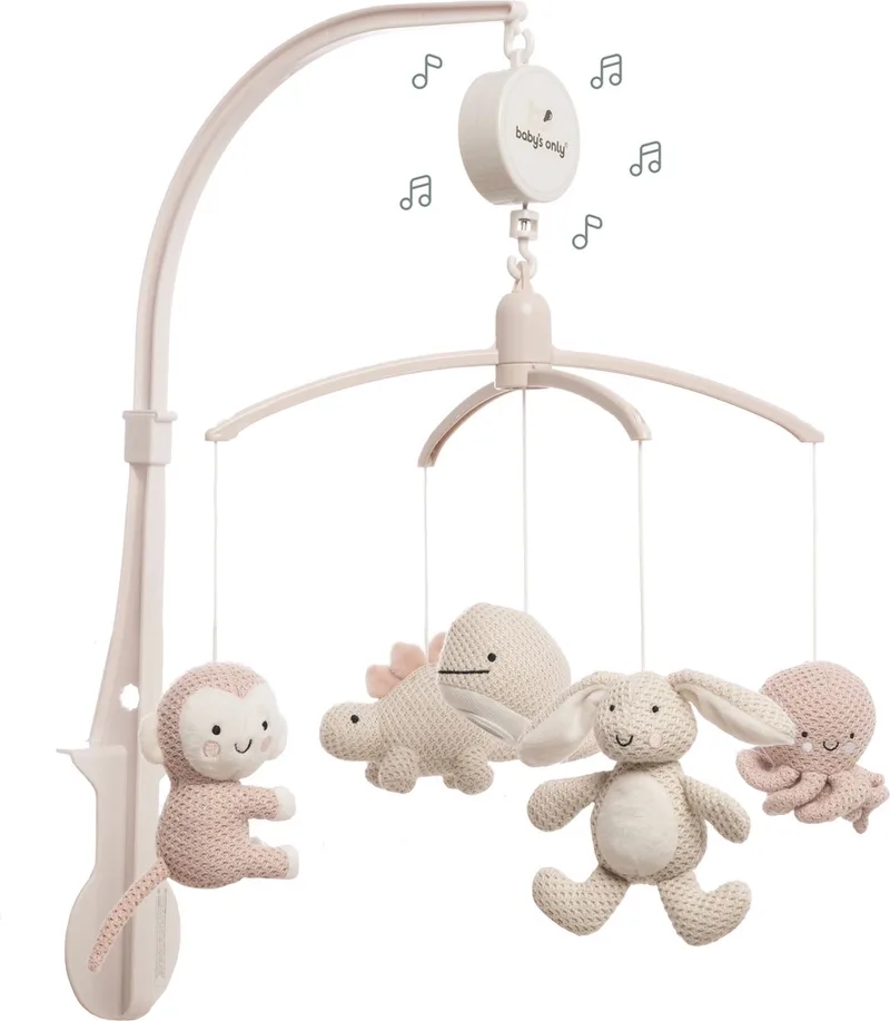 Muziekmobiel baby Animals - Boxmobiel - Oud Roze/Warm Linen - Gebreide figuurtjes - Muziek speelgoed - Melodie 'It's a small world' van Baby's Only in Oud Roze – productfoto