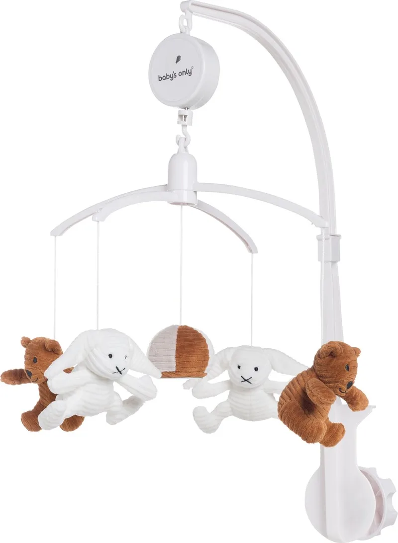 Muziekmobiel baby - Boxmobiel Sense - Caramel/Kiezelgrijs/Wit - Figuurtjes van zachte rib corduroy stof - Muziek speelgoed - Melodie 'It's a small world' van Baby's Only in Caramel – productfoto