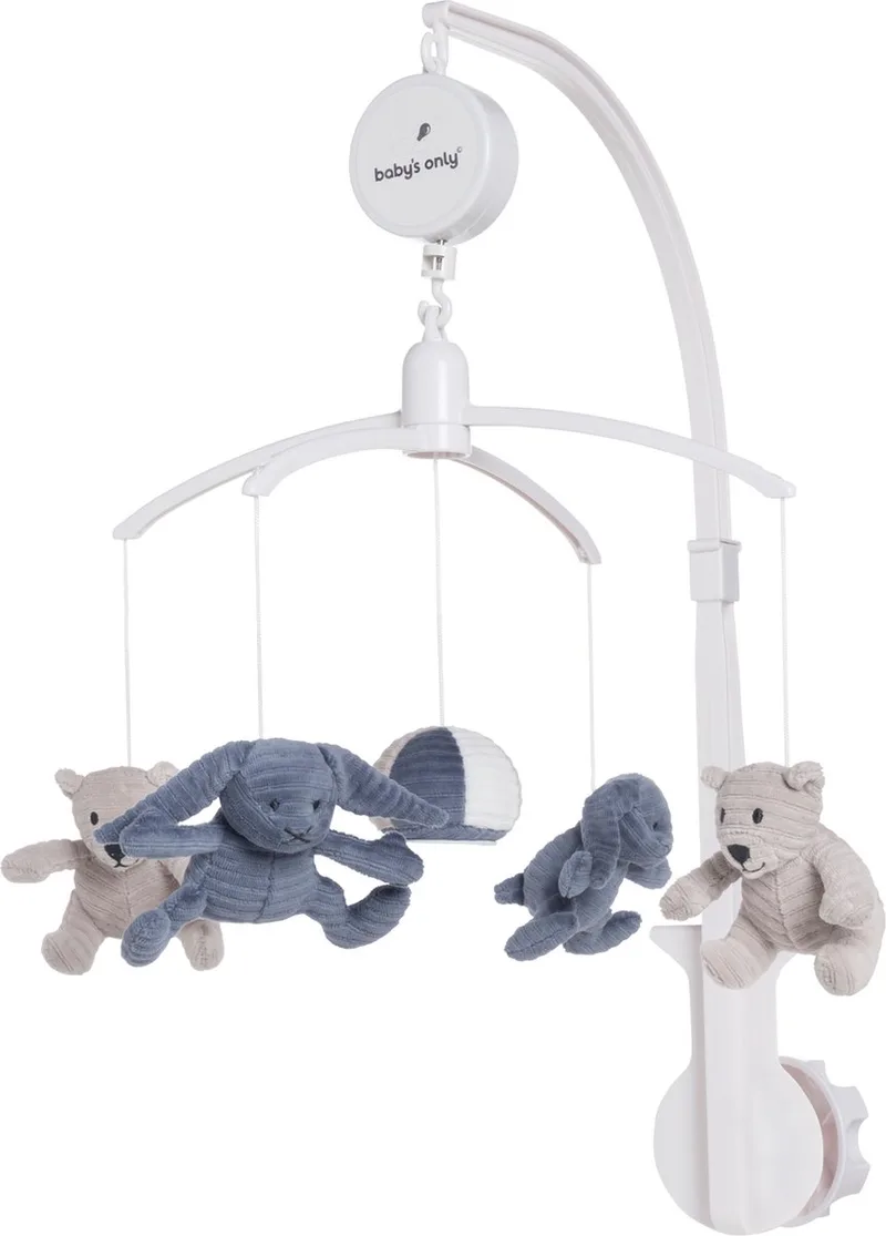Muziekmobiel baby - Boxmobiel Sense - Vintage Blue/Kiezelgrijs/Wit - Figuurtjes van zachte rib corduroy stof - Muziek speelgoed - Melodie 'It's a small world' van Baby's Only in Vintage Blue – productfoto